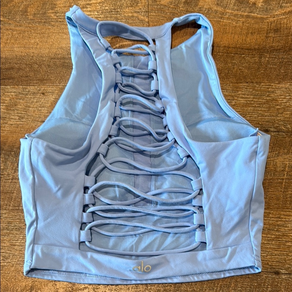 Alo yoga movement sports bra crop top corset lace up periwinkle size s